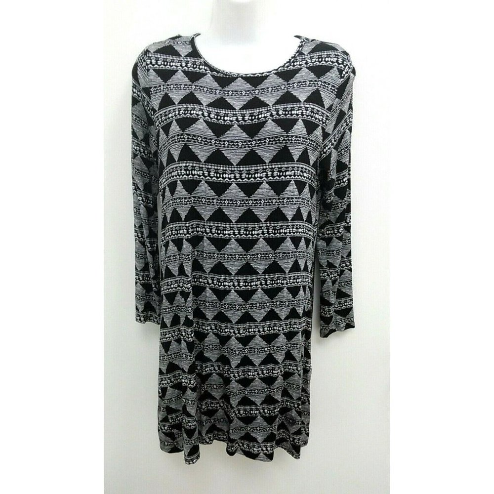 Love Appella Womens Medium Petite Dress Black White Geometric Long Sleeve